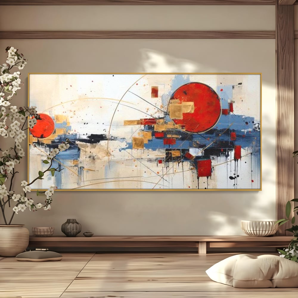 Tablou canvas cu tablou abstract cu cerc rosu si linii, in rama de aluminiu auriu